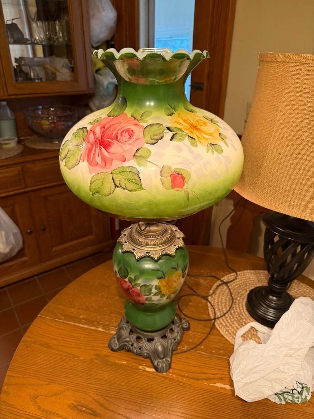 Vintage Hand-Painted Gone With The Wind Style Hurricane Table Lamp with Floral M